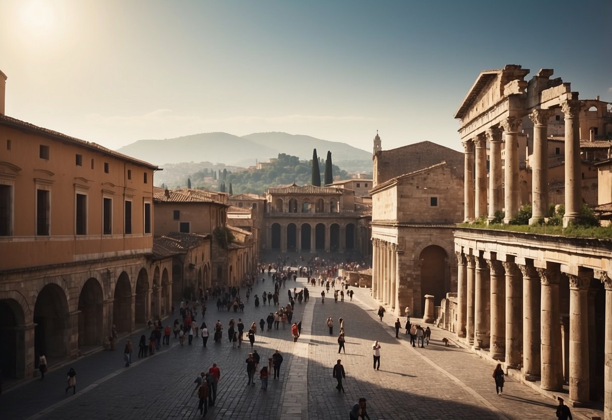 A bustling Roman street with ancient ruins in the background, tourists following a knowledgeable guide, absorbing the rich history of the city