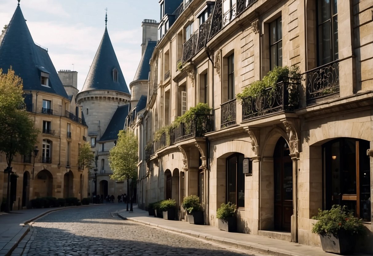 A cobblestone street winds through medieval buildings in Paris, with towering cathedrals and narrow alleyways. The architecture is adorned with intricate carvings and stained glass windows, evoking a sense of mystery and history