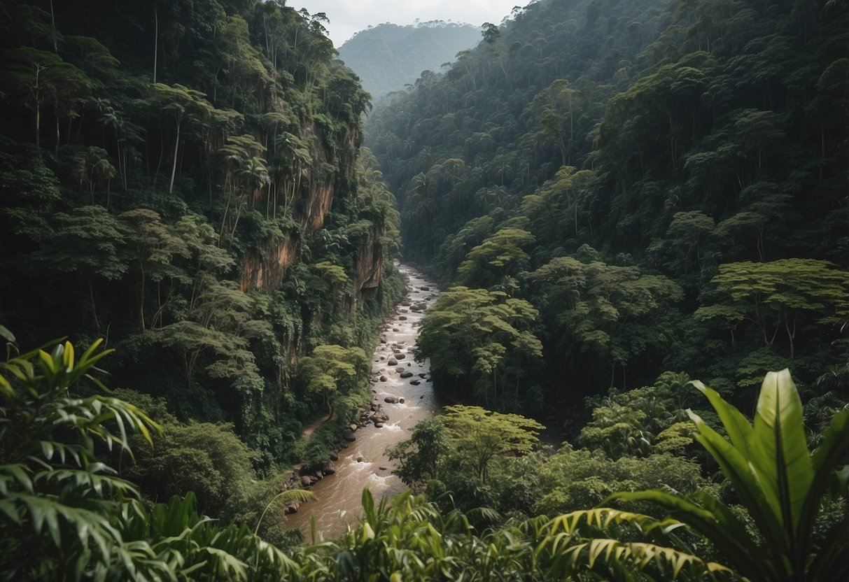 Lush jungle teeming with wildlife, towering trees, vibrant flora, and winding rivers. Indigenous villages, traditional ceremonies, and diverse ecosystems