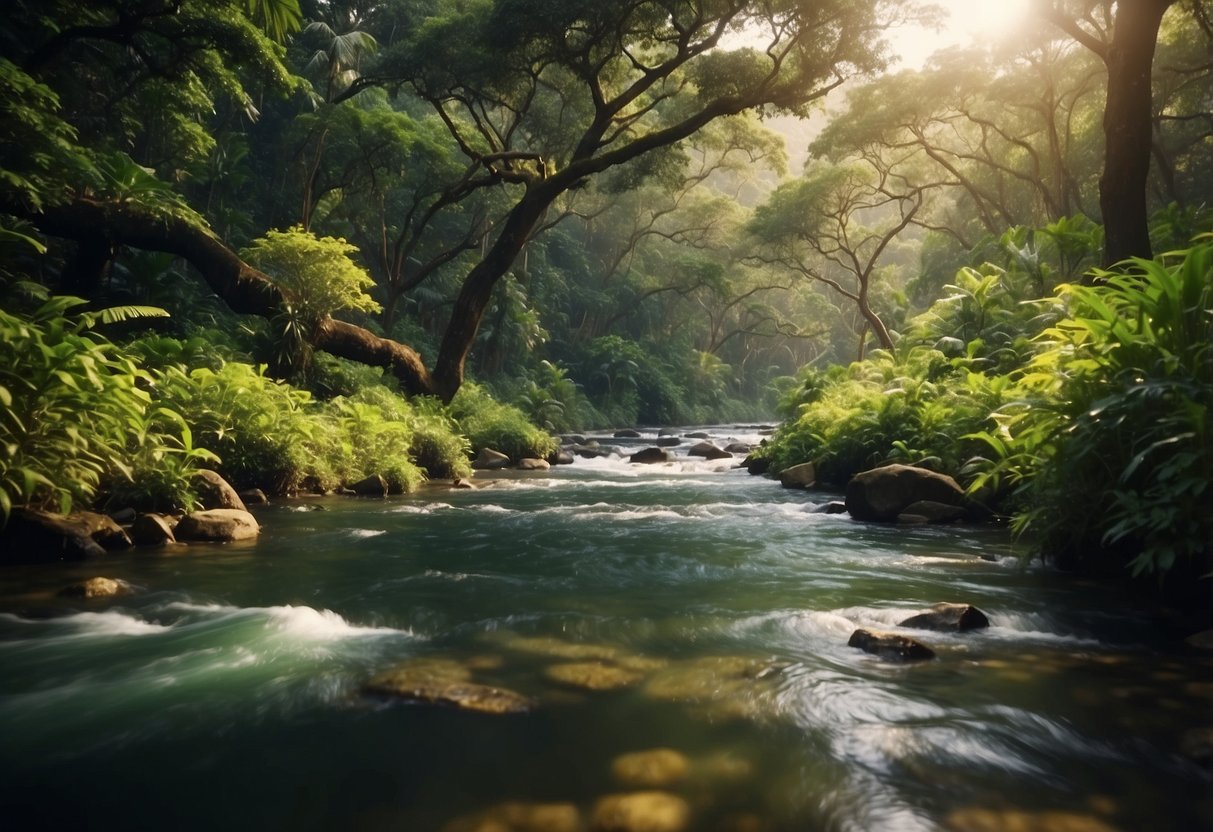 Lush green foliage surrounds a winding river, as exotic birds soar overhead. A guide points out unique flora and fauna to a group of eager adventurers