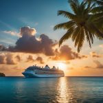 A grand cruise ship sails through crystal-clear waters, surrounded by lush tropical islands and a vibrant sunset on the horizon. The ship is adorned with sparkling lights and elegant décor, exuding luxury and opulence