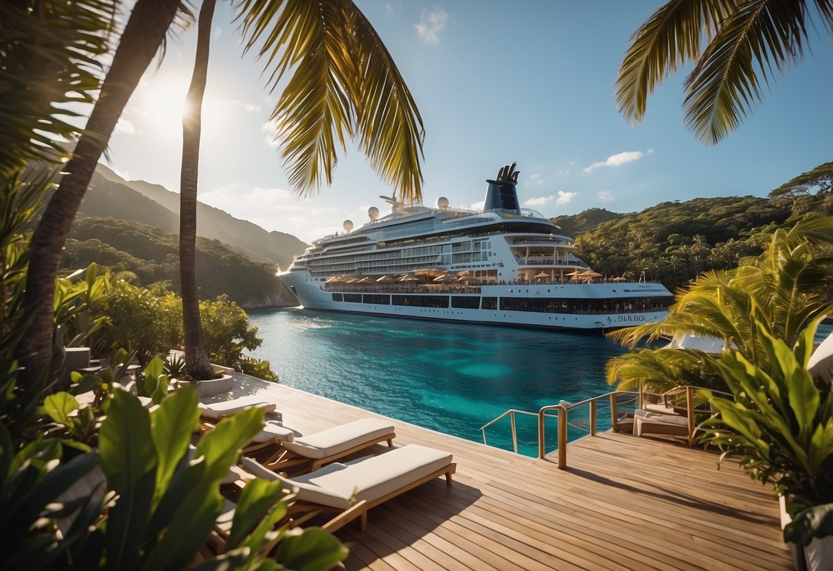 A luxurious cruise ship glides through crystal-clear waters, surrounded by lush tropical islands. Sun loungers line the deck, while elegant dining areas and sparkling pools beckon guests to indulge in all-inclusive luxury