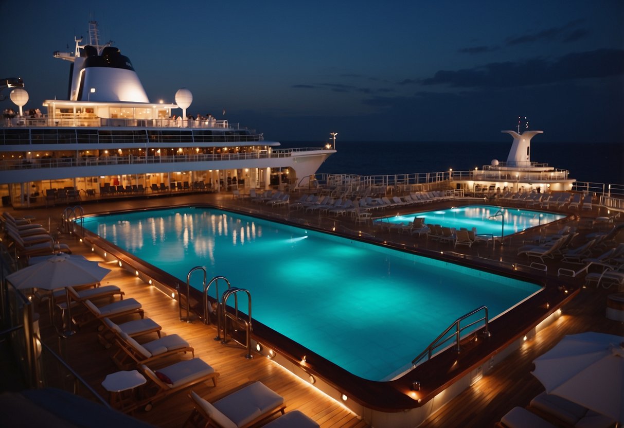 A bustling cruise ship deck with live music, poolside games, and outdoor movie screenings under the stars