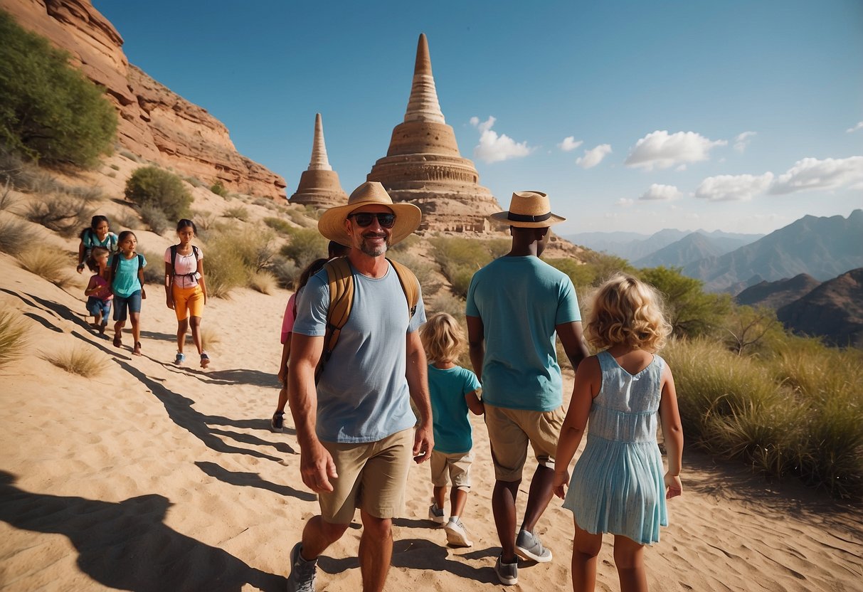 A diverse group of families with children explore iconic landmarks and natural wonders with knowledgeable guides in various global destinations