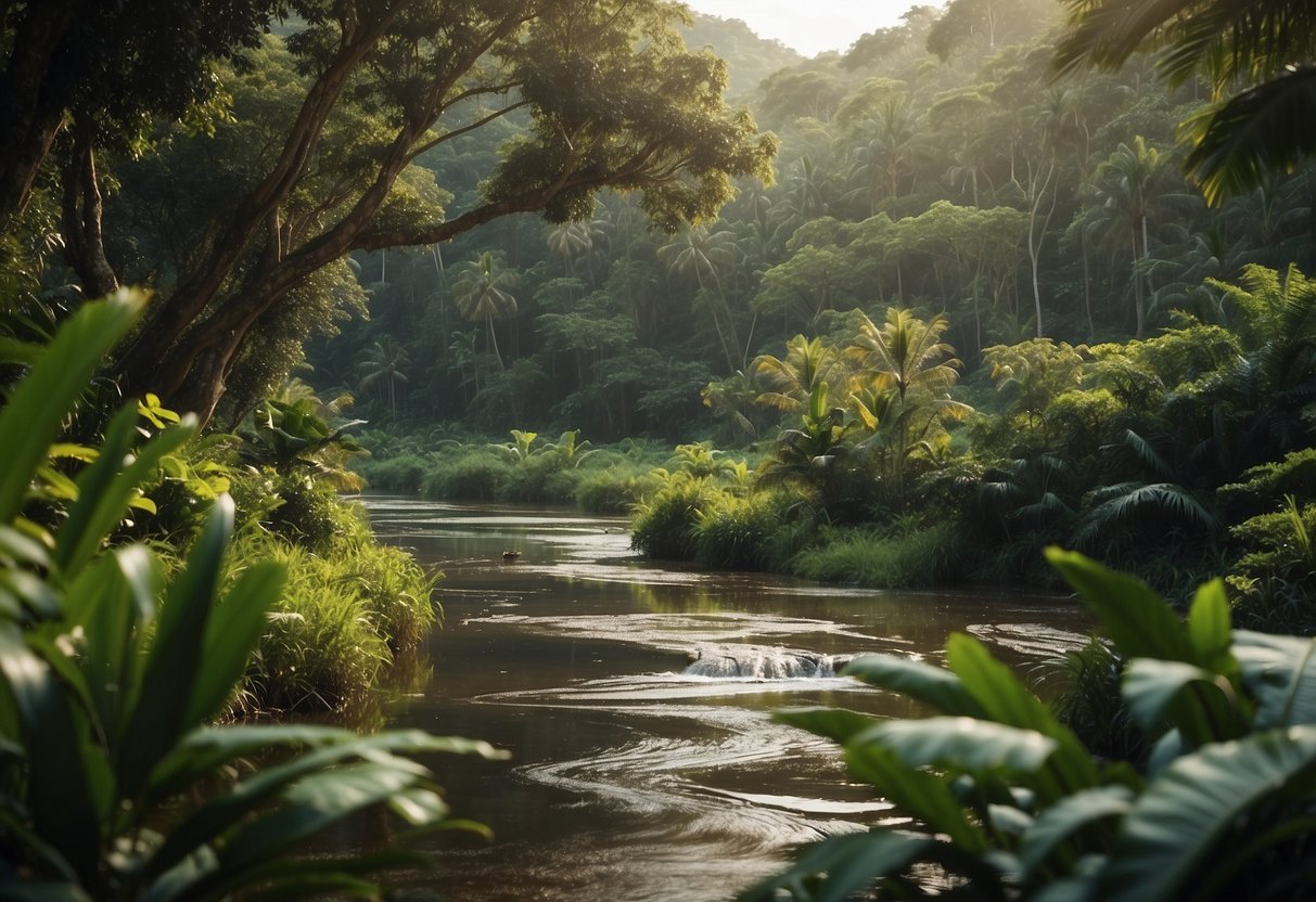 Lush jungle teeming with colorful birds, playful monkeys, and exotic insects. A serene river flows through the landscape, home to graceful otters and majestic crocodiles