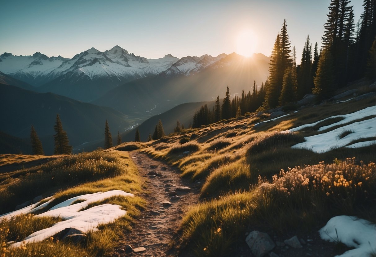 A winding mountain trail leads to a breathtaking vista of snow-capped peaks and lush valleys. The sun casts a warm glow over the landscape, inviting adventurers to explore the unknown