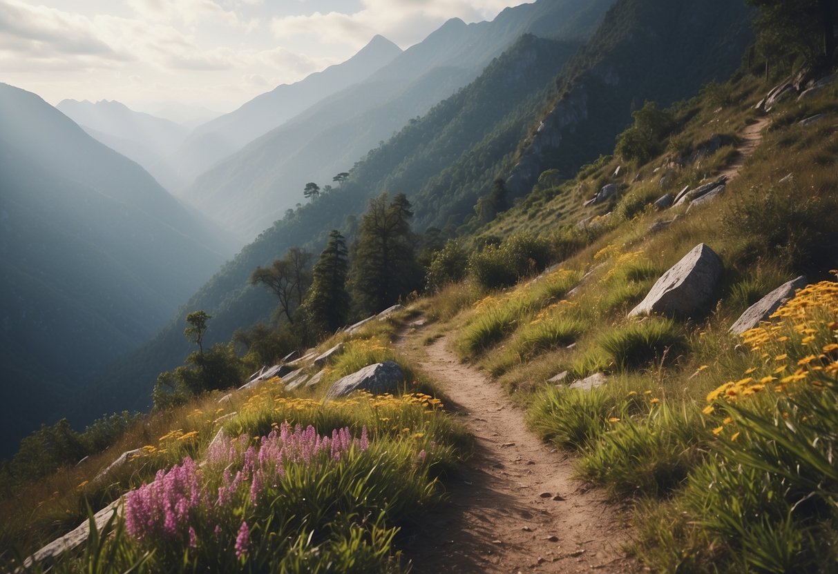 A rugged mountain trail winds through lush forests, with a distant peak shrouded in mist. A colorful array of wildflowers lines the path, while exotic birds flit through the canopy above