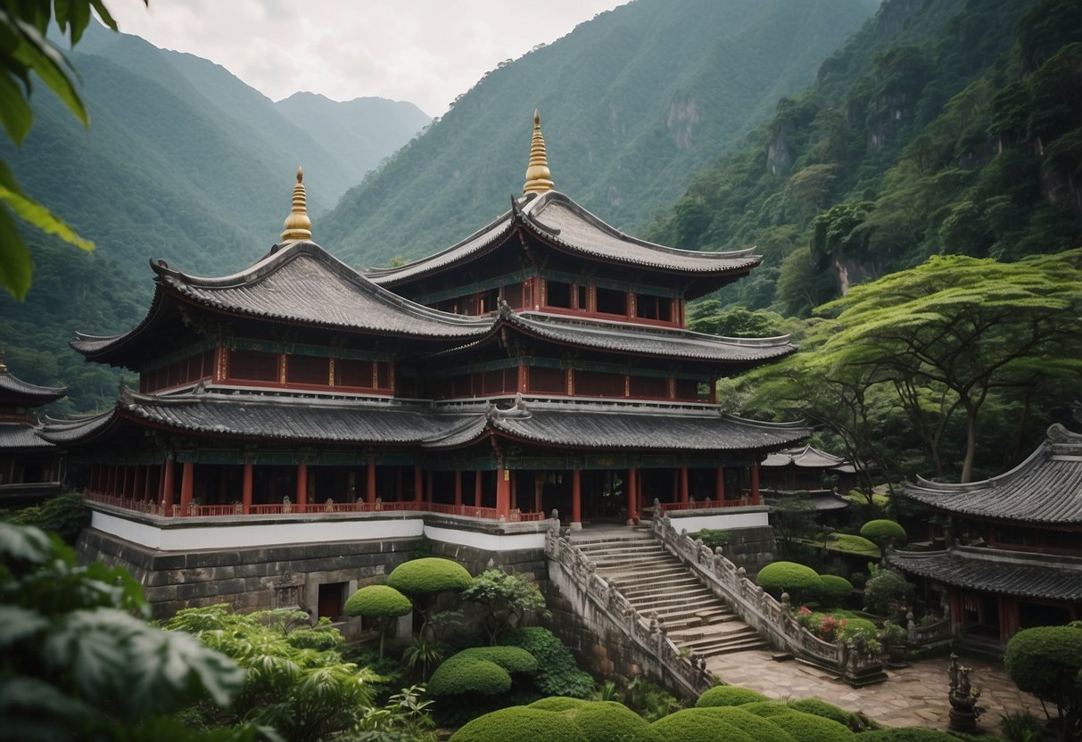 A traditional Asian temple nestled in lush green mountains, with intricate architecture and vibrant colors, surrounded by local artisans and cultural artifacts