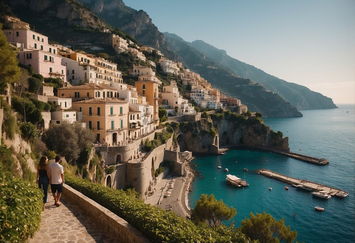 A couple walks along the picturesque Amalfi Coast, surrounded by colorful buildings and stunning ocean views. A local guide leads them on a romantic tour, sharing the area's history and hidden gems