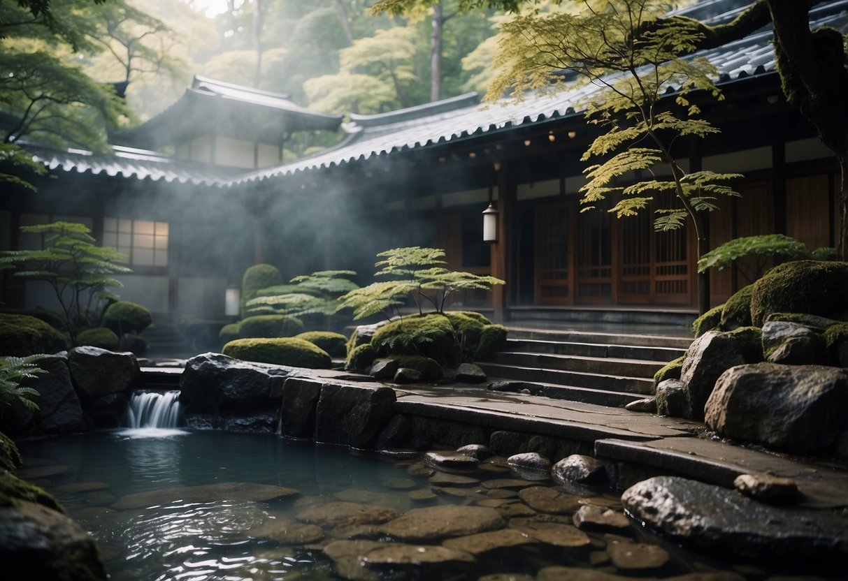 A tranquil onsen nestled in a serene forest, steam rising from the hot spring waters, surrounded by traditional Japanese architecture