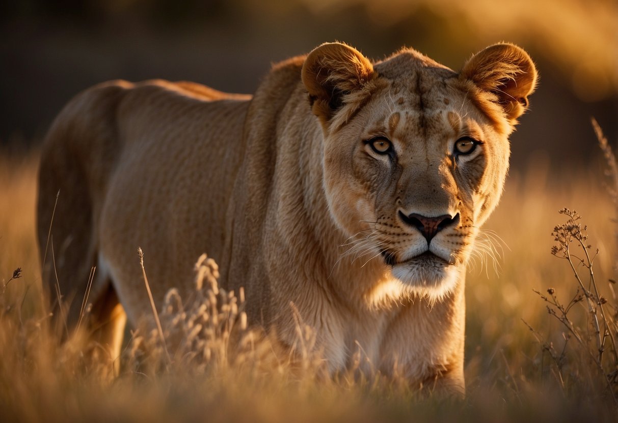 A majestic lioness prowls through the golden grasslands, her powerful muscles rippling beneath her tawny fur. The setting sun casts a warm glow over the savannah, creating a stunning backdrop for the iconic wildlife of the African safari