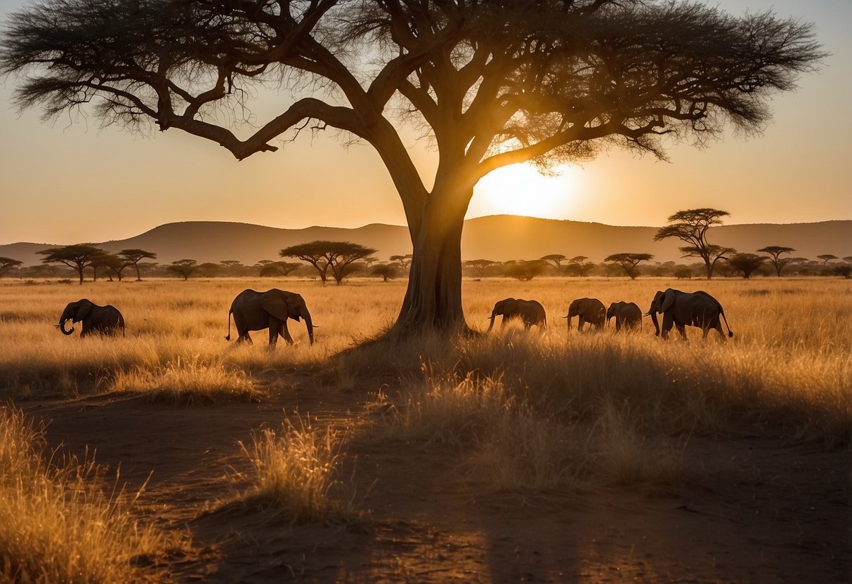 Golden sunlight bathes the savanna, casting long shadows on the grasslands. Elephants roam freely, while giraffes graze peacefully. Acacia trees dot the landscape, providing shade for resting lions. The African safari is alive with natural beauty