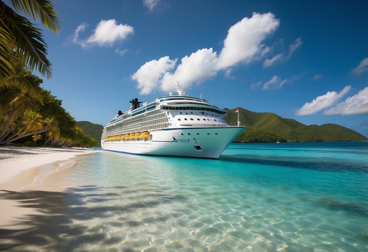 A cruise ship sailing through crystal-clear Caribbean waters, surrounded by lush green islands and white sandy beaches. A bright blue sky with puffy white clouds completes the idyllic scene