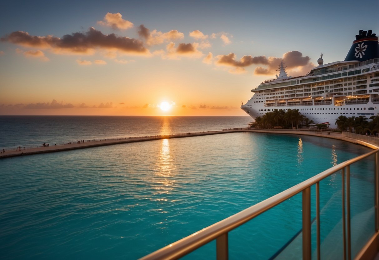 Sunset over turquoise waters, with palm-fringed beaches and colorful buildings lining the coast. A cruise ship glides through the calm sea, with passengers enjoying onboard activities and luxury amenities