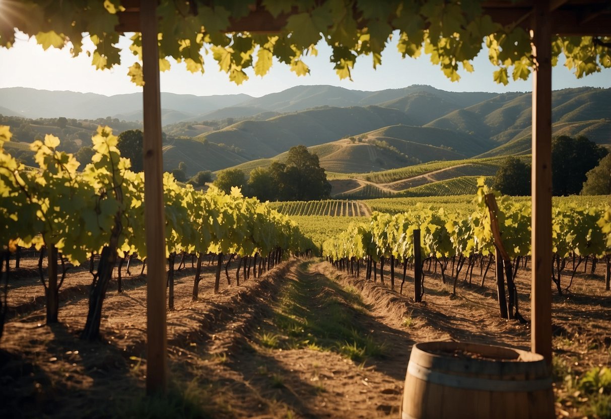 Vineyard landscape with rolling hills, lush grapevines, and charming wineries. Sunlight glistens on the leaves, creating a picturesque setting for a guided tour