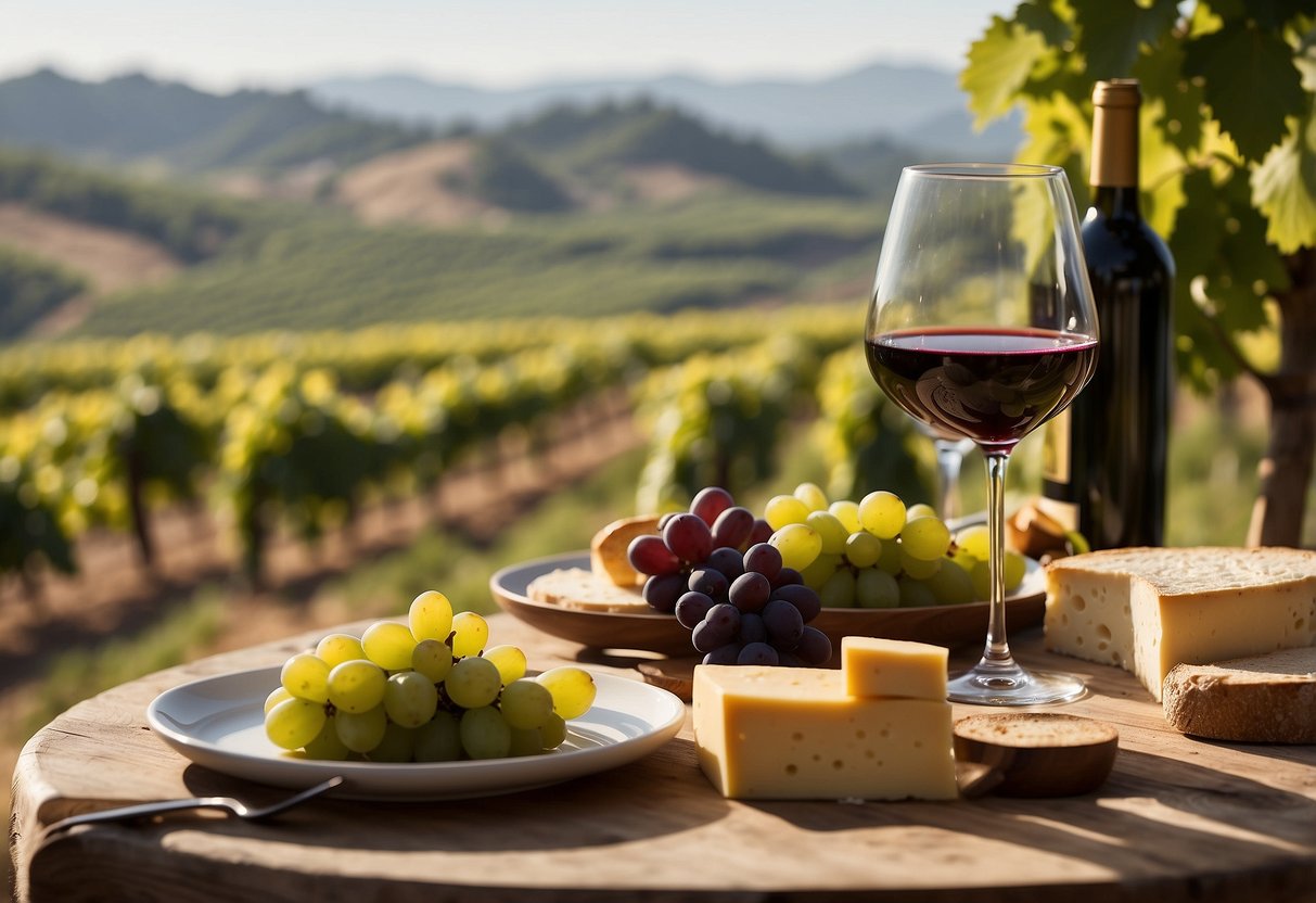 A table set with wine glasses, cheese, and grapes overlooks rolling vineyards in Napa Valley. A chef prepares a dish nearby