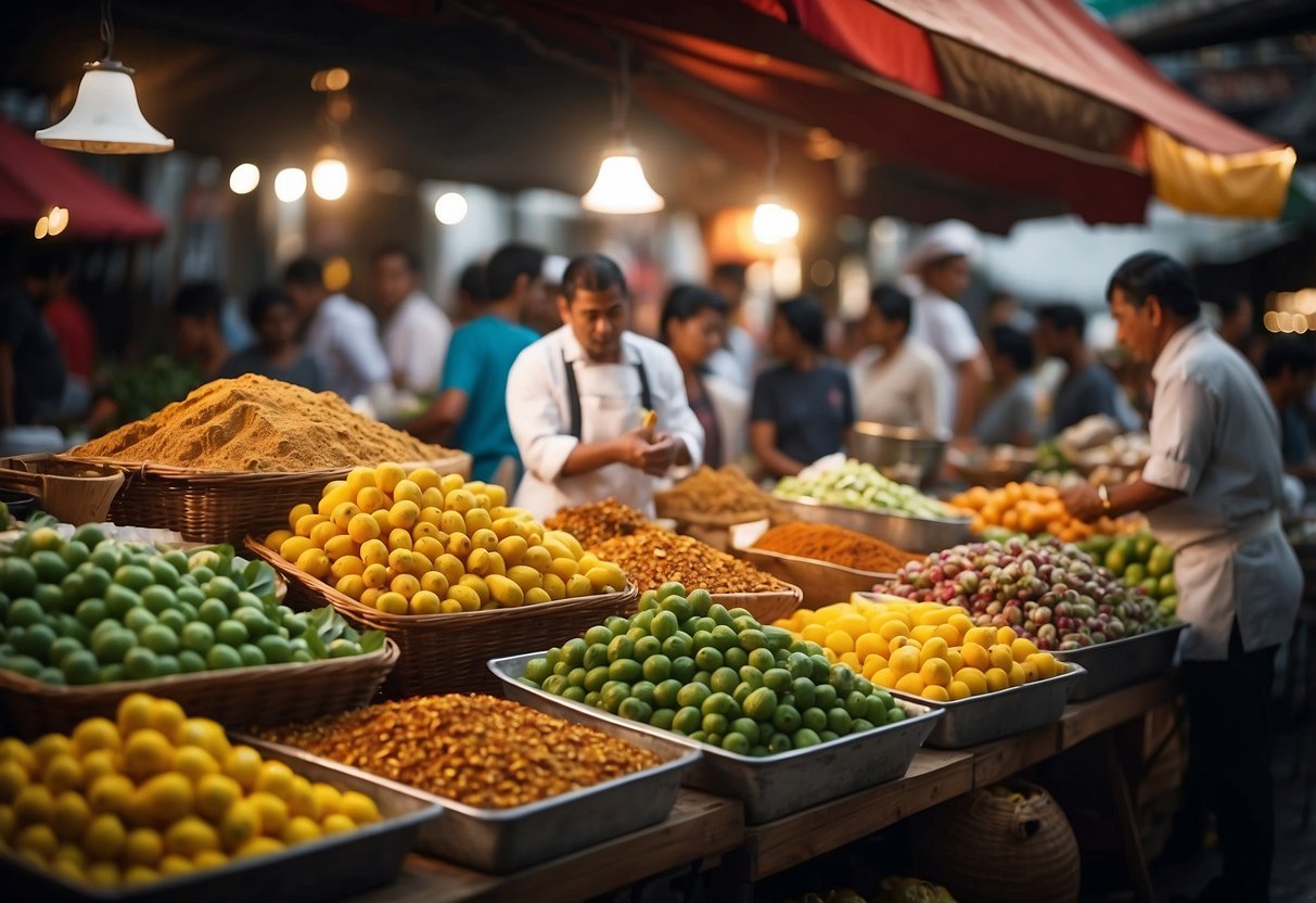 A bustling market with colorful stalls, aromatic spices, and exotic fruits. Chefs lead eager tourists on a tasting journey, savoring local delicacies