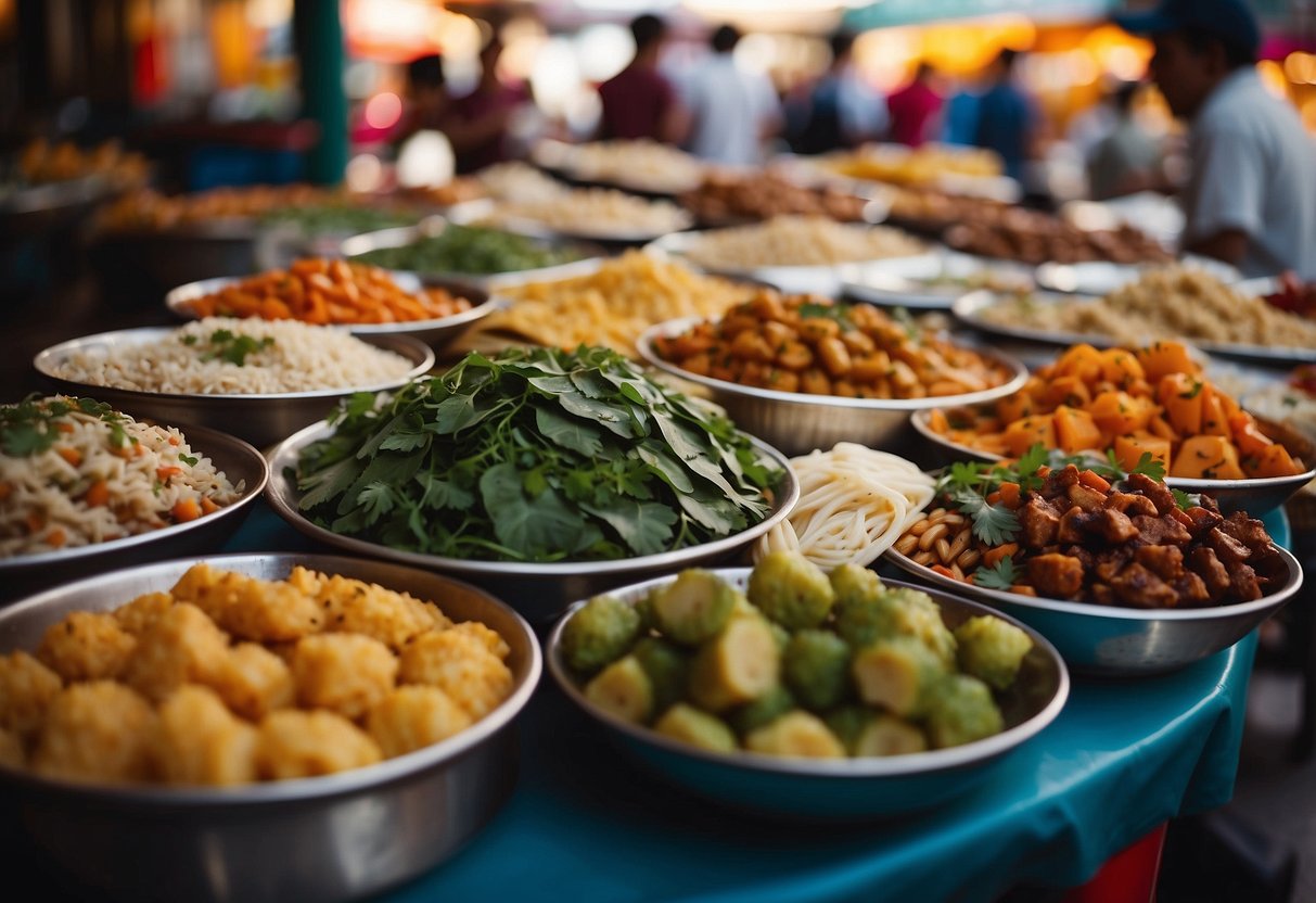 A table set with a variety of exotic dishes, surrounded by vibrant market stalls and bustling street vendors