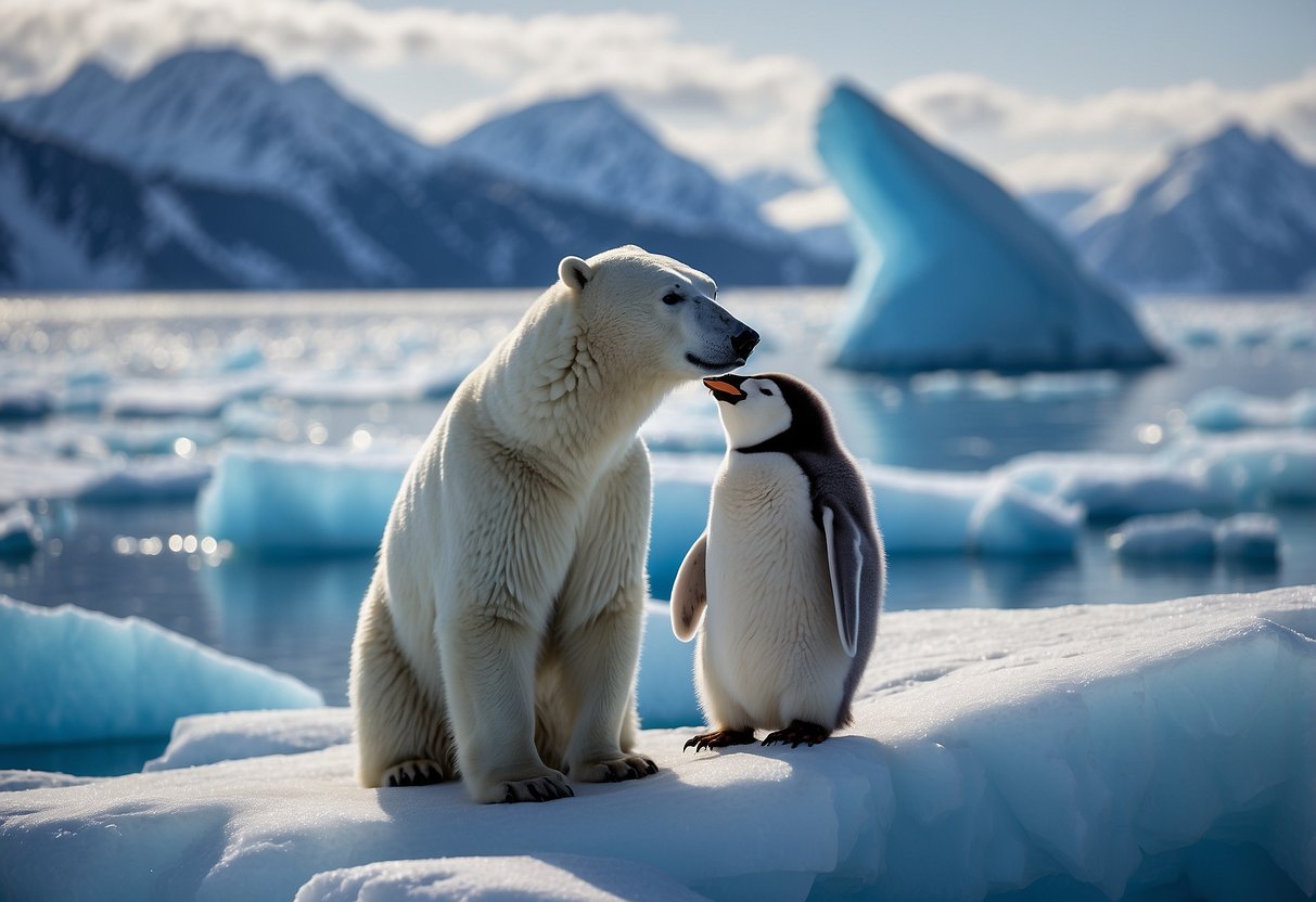 A polar bear and a penguin stand on opposite sides of an icy landscape, surrounded by towering glaciers and a vast, frozen ocean. The sky is a brilliant shade of blue, with the sun casting a soft, ethereal glow over the entire scene