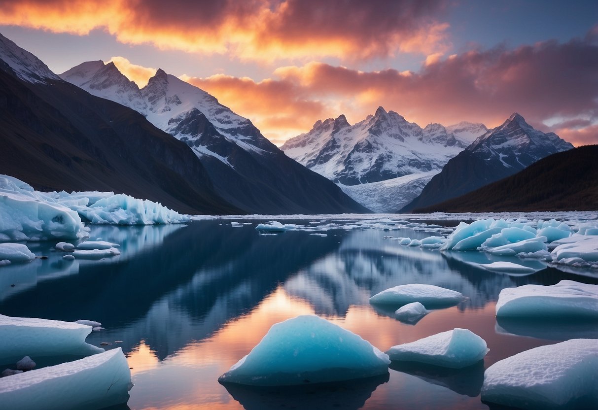 A rugged ship navigates through icy waters, surrounded by towering glaciers and snow-covered mountains. The sky is a mix of deep blue and soft pink, with the sun casting a warm glow over the frozen landscape