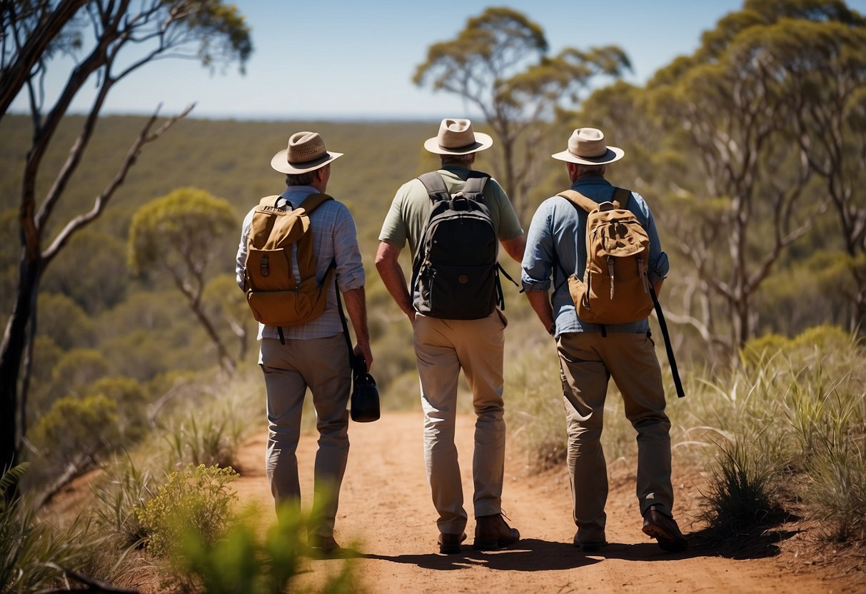 A group of tourists follows a guide through the Australian wilderness, binoculars in hand, searching for native wildlife. The guide points out various species of birds, mammals, and reptiles, while the tourists listen attentively and snap photos