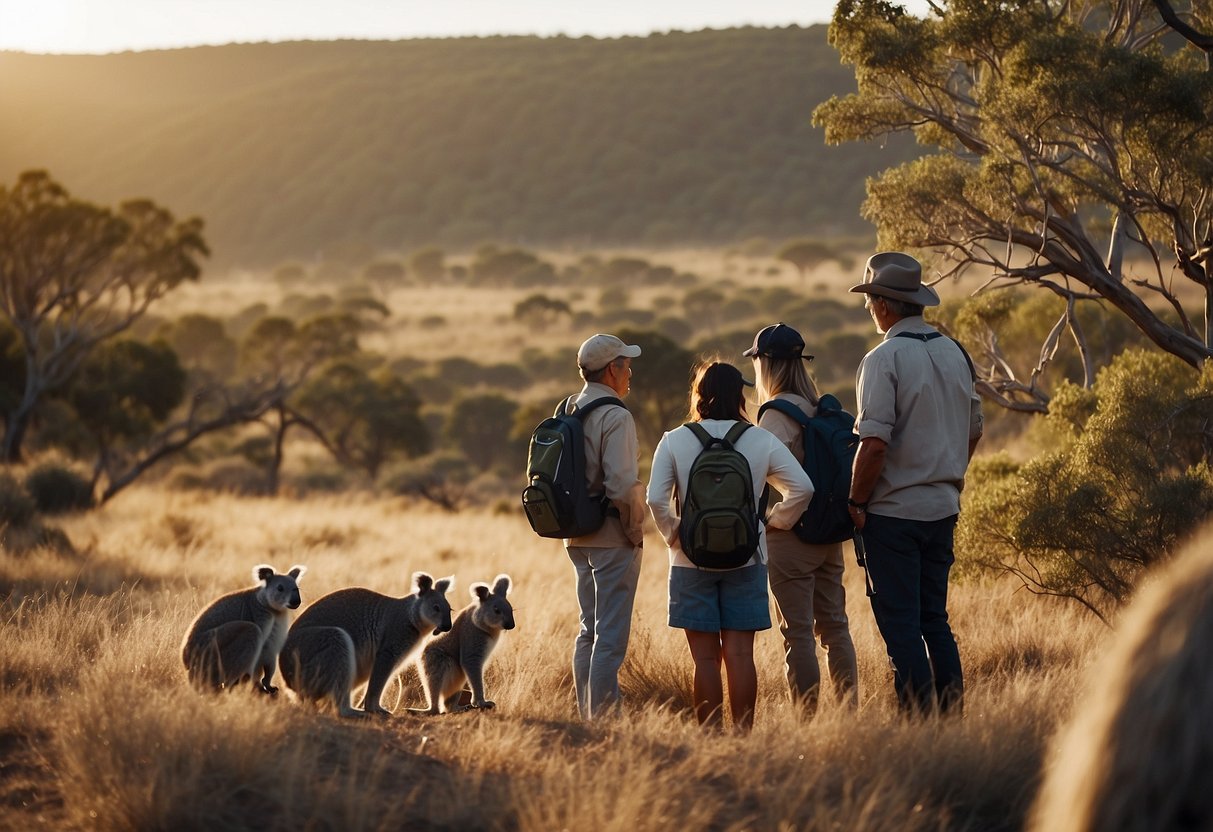 A group of tourists observe kangaroos, koalas, and exotic birds in the Australian outback. The guide points out unique flora and fauna