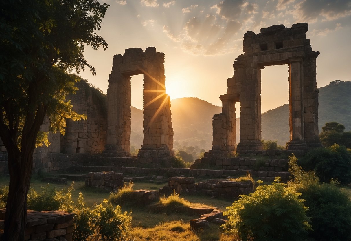 The sun sets behind the towering ruins of an ancient city, surrounded by lush greenery and a sense of mystery and wonder