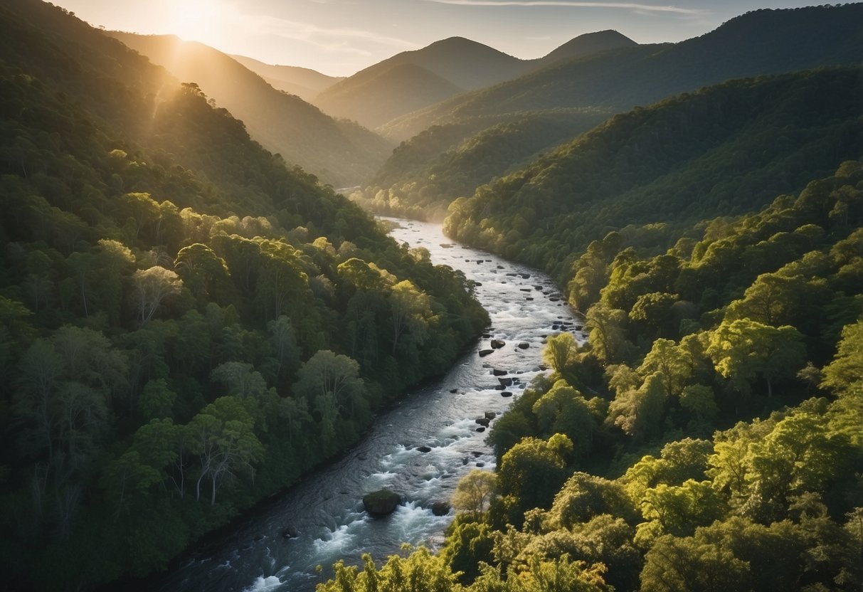 A winding river cuts through lush green forests, with vibrant wildlife and cascading waterfalls dotting the landscape. The sun casts a warm glow on the tranquil waters, creating a serene and picturesque scene