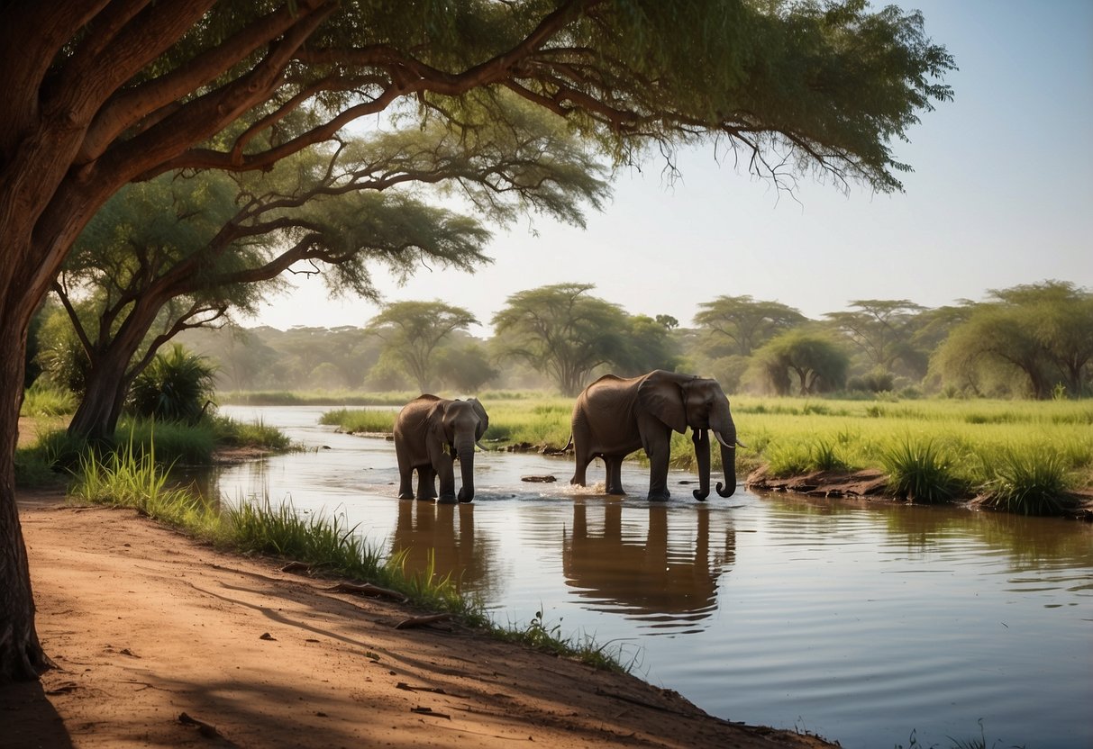 African riverbanks teem with wildlife. Elephants, hippos, and crocodiles bask in the sun. Lush greenery lines the water's edge, creating a serene and picturesque setting for a river cruise