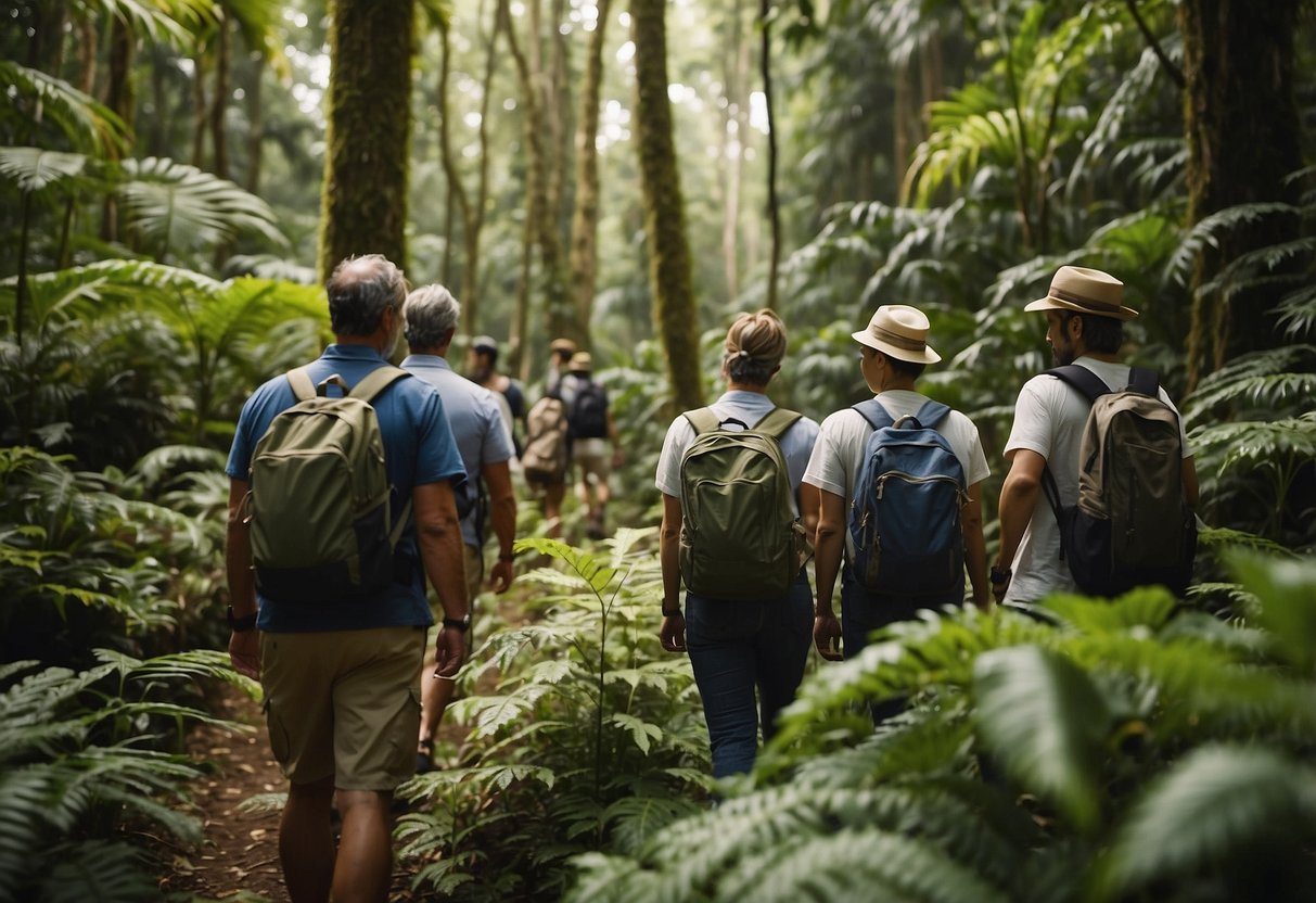 A group of tourists follows a knowledgeable guide through a lush, biodiverse forest. They listen intently as the guide points out various plant and animal species, emphasizing the importance of conservation and sustainable travel