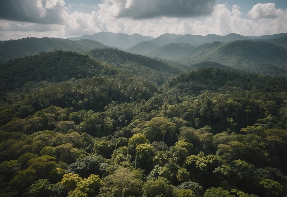 Lush jungle canopy with diverse wildlife, clear rivers, and local villages. Sustainable lodges and guided tours showcase conservation efforts and community involvement