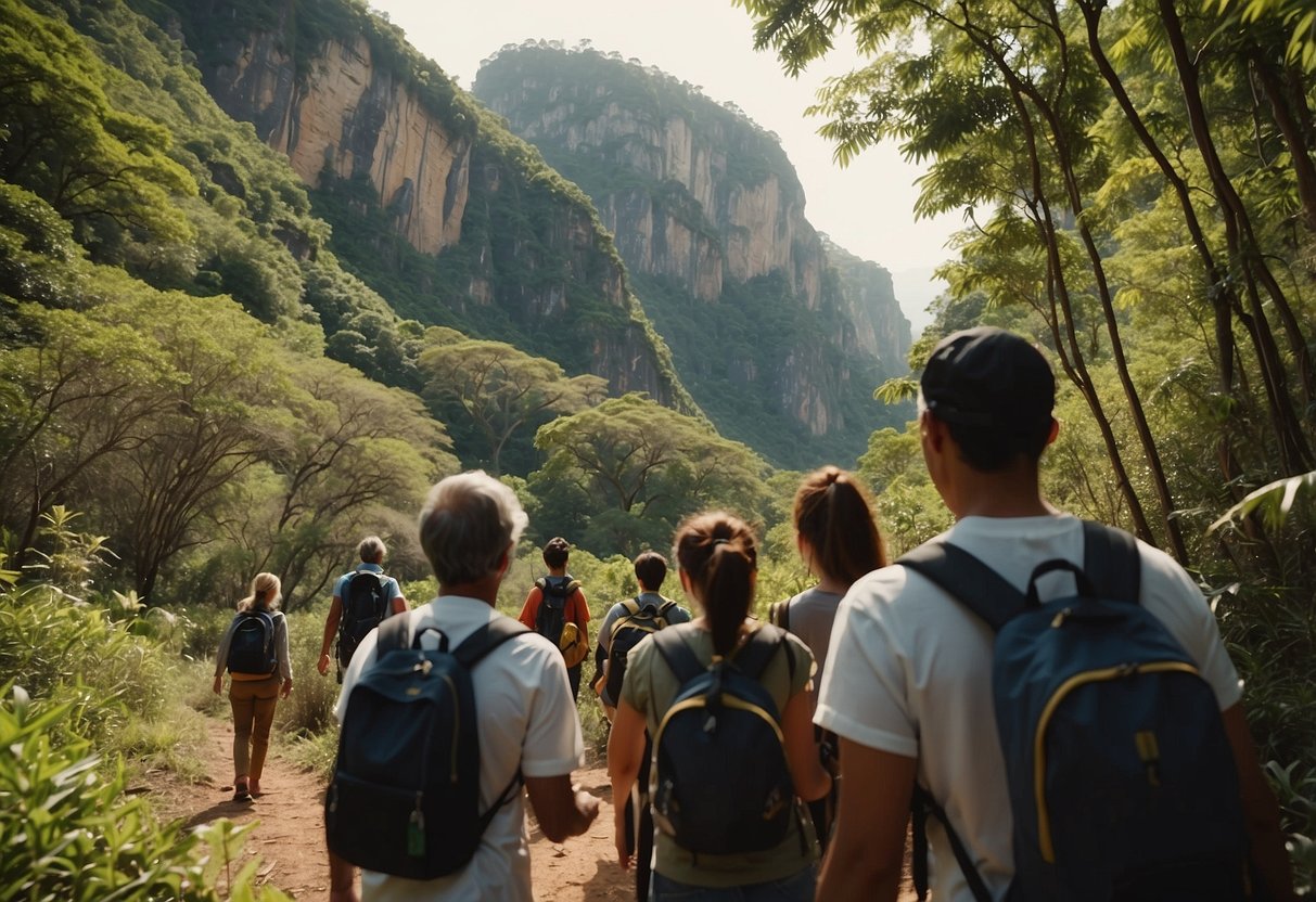 A group of tourists follows a guide through a lush national park, marveling at towering rock formations and colorful wildlife. The guide points out key features and shares fascinating facts about the park's history and ecology