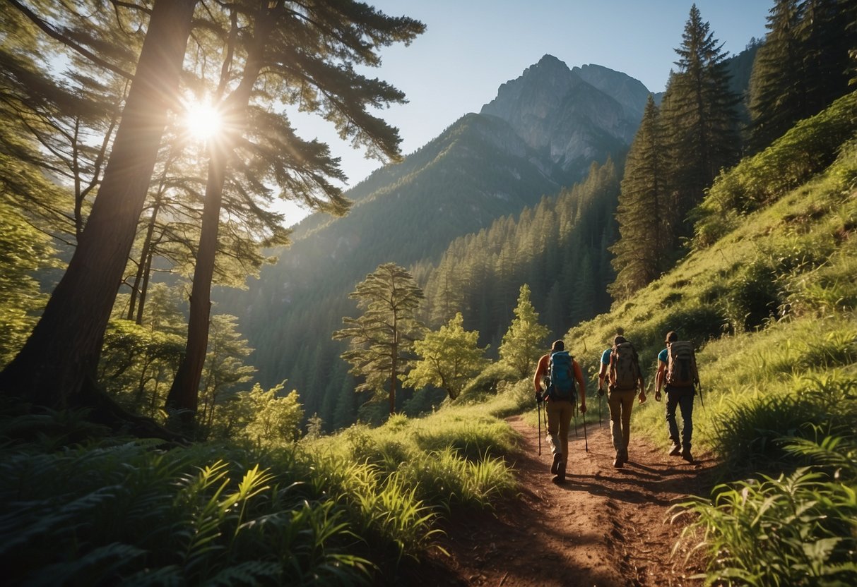 A group of hikers trek through a lush, towering forest, with sunlight streaming through the canopy. They pass by a rushing river, and in the distance, a majestic mountain peak rises against the blue sky