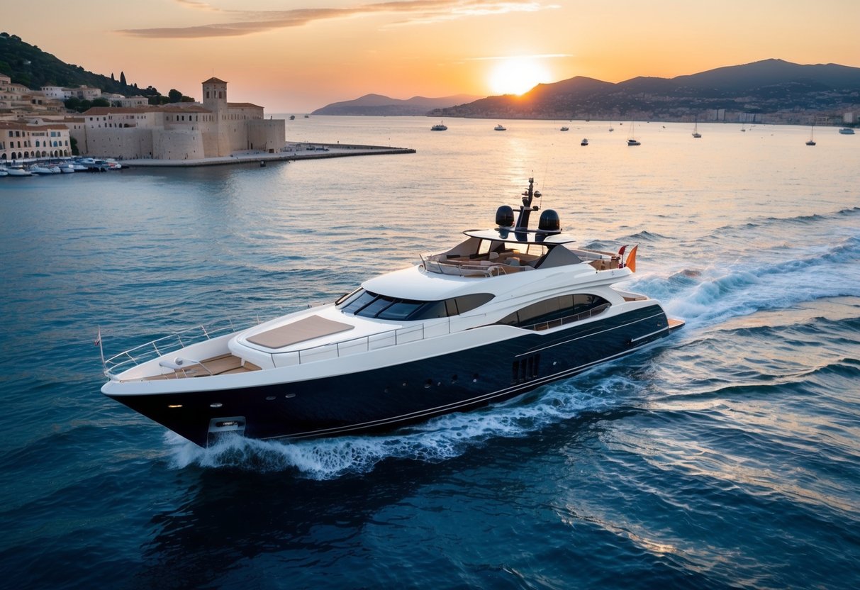 A luxurious yacht sails through the crystal-clear waters of the Mediterranean, passing by celebrated ports and historical harbors. The sun sets in the distance, casting a warm glow over the picturesque coastline