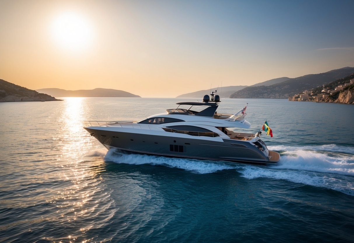 A luxurious yacht sailing through crystal-clear Mediterranean waters, surrounded by picturesque coastal landscapes and bathed in warm golden sunlight