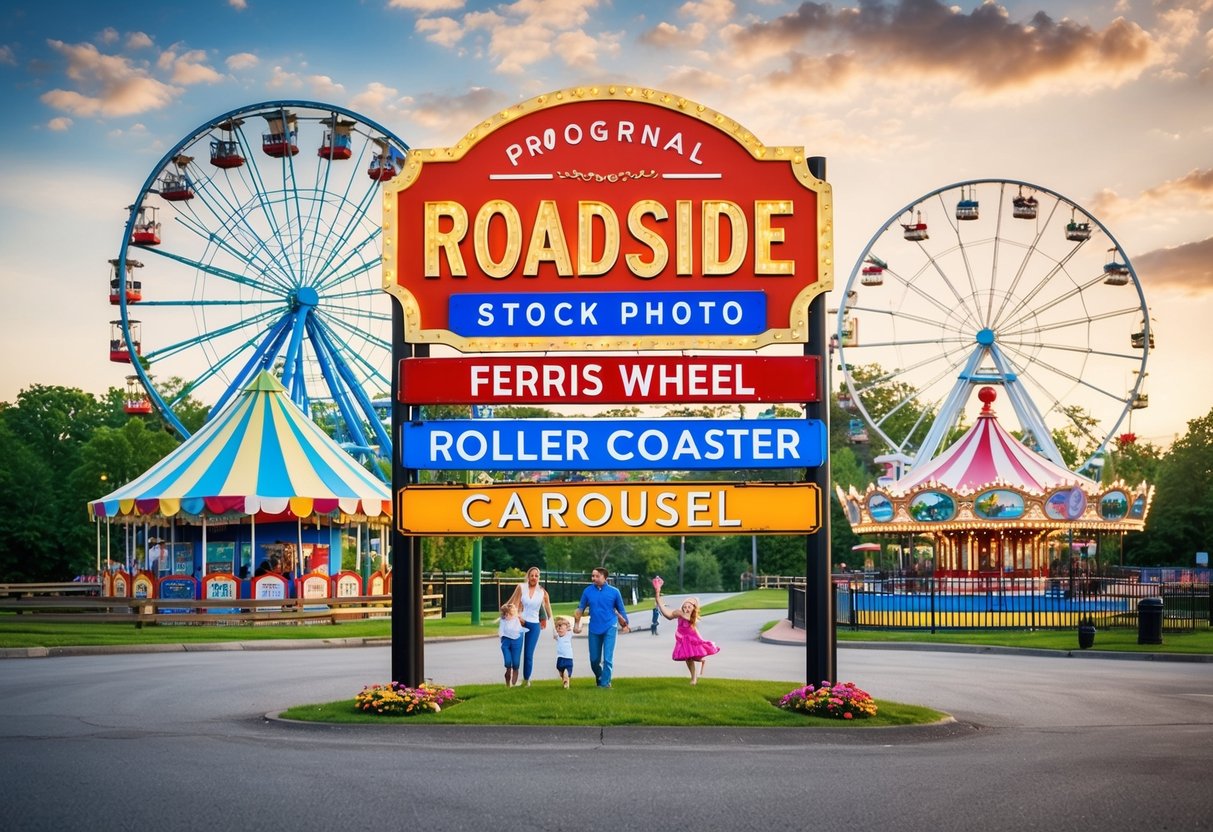 A colorful roadside sign surrounded by iconic family attractions, including a ferris wheel, roller coaster, and carousel, with families enjoying the fun