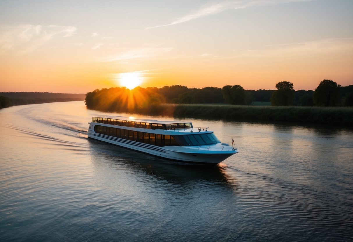 A serene river at sunset, with a romantic cruise boat gliding along the water, surrounded by the warm glow of the setting sun