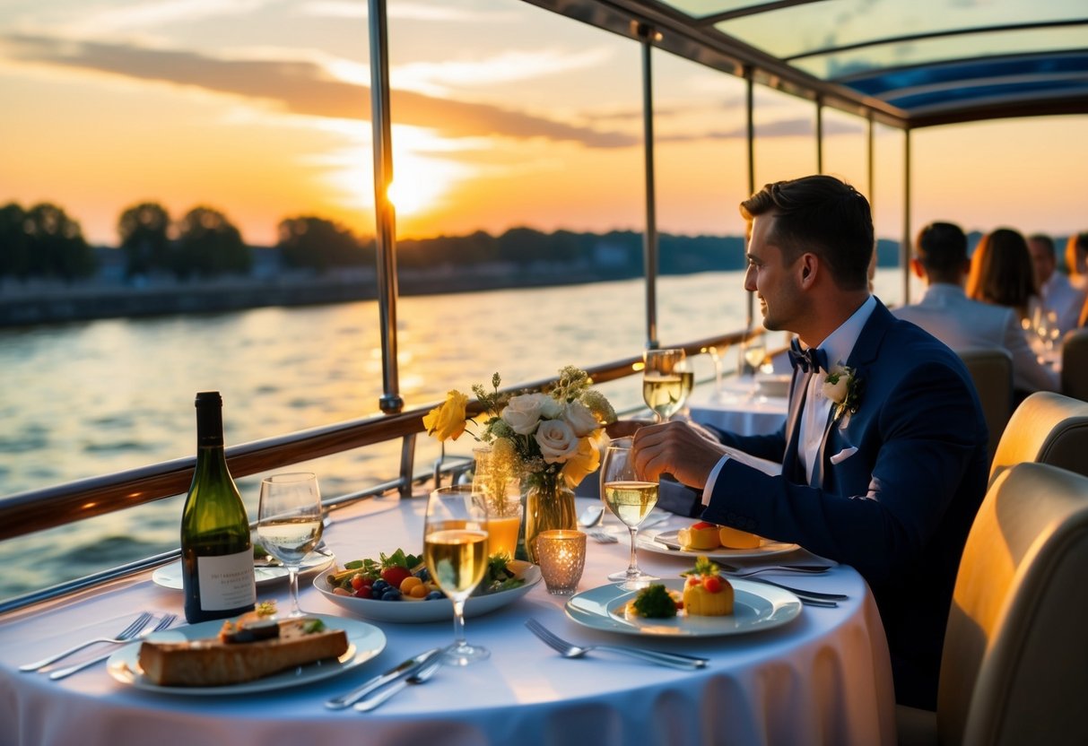 A river cruise at sunset, with elegant dining and drinks, surrounded by romantic music and a serene atmosphere