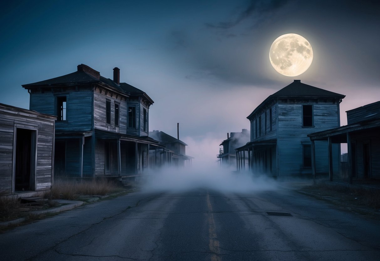 A moonlit ghost town with dilapidated buildings and eerie silhouettes. Fog swirls around the abandoned streets, adding to the spooky atmosphere