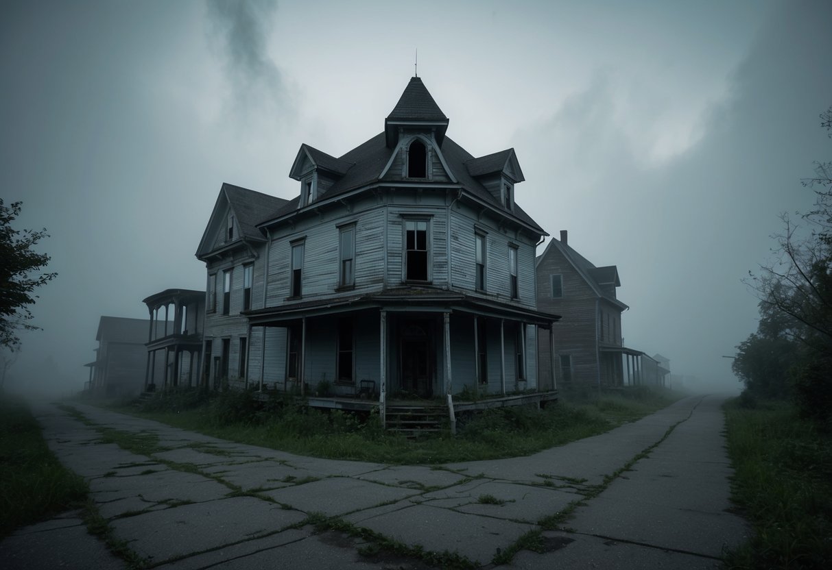 An eerie, abandoned town shrouded in mist, with dilapidated buildings and overgrown streets. A sense of haunting and mystery lingers in the air