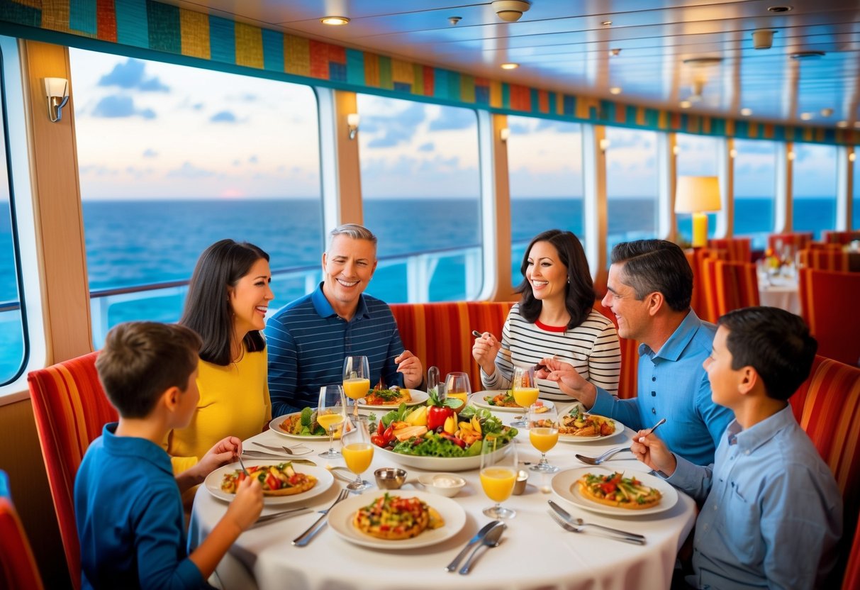 A family enjoying a meal together in the elegant dining room of a Disney cruise ship, with colorful decor and a view of the ocean through the windows