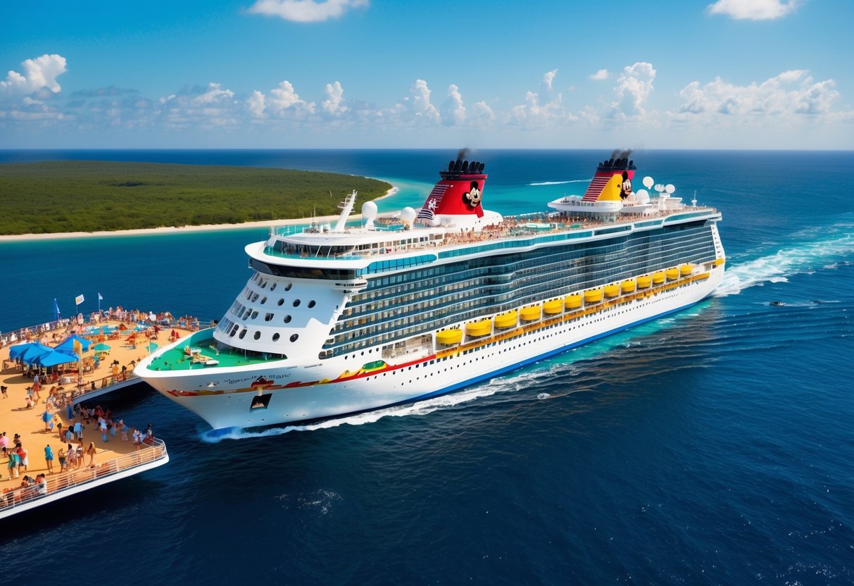 A colorful Disney cruise ship sailing on the sparkling blue ocean, with families enjoying fun activities on deck and characters mingling with children