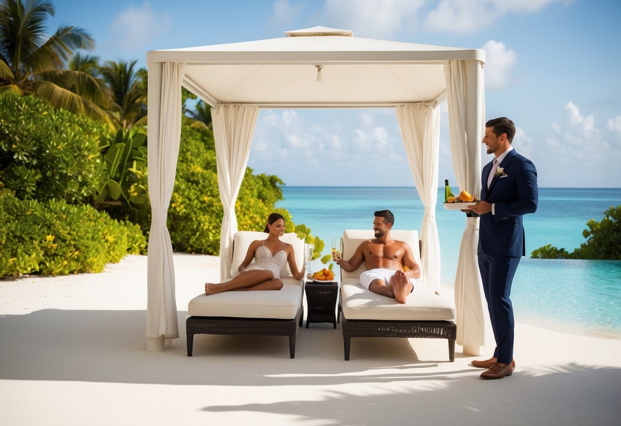 A couple lounges in a private cabana on a pristine beach, surrounded by lush greenery and crystal clear waters, while a butler serves them champagne and fresh fruit