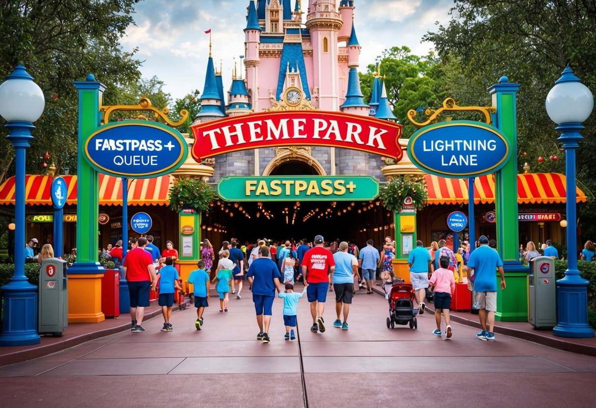 A bustling theme park entrance with colorful signs and excited families entering through FastPass+ and Lightning Lane queues