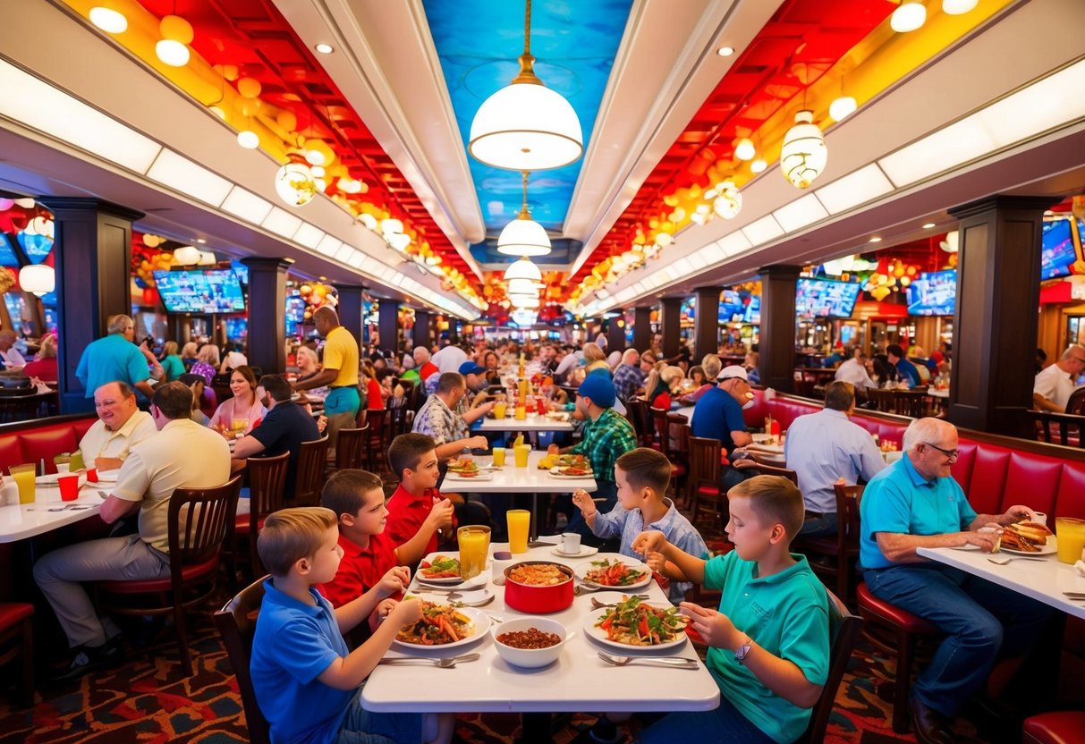 A bustling restaurant filled with families, colorful decor, and delicious food at Disney World